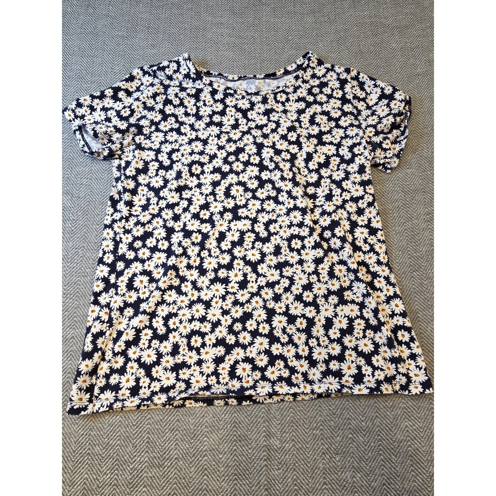 Ann Taylor Factory Tee Shirt Womens Medium Navy Blue Daisy Floral Short Sleeve